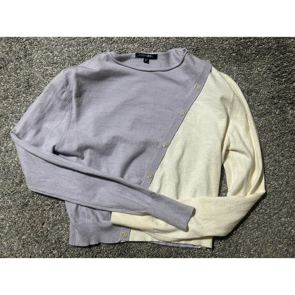 PAPERMOON Women Small Sweater Cream And Purple with Button Detail Soft Preppy